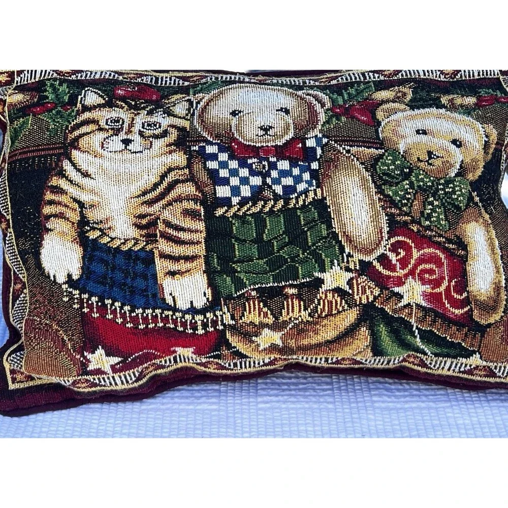 Vintage 1990s Teddy Bear Dog Cat Tapestry Throw Pillow Velvet Cottage Decor